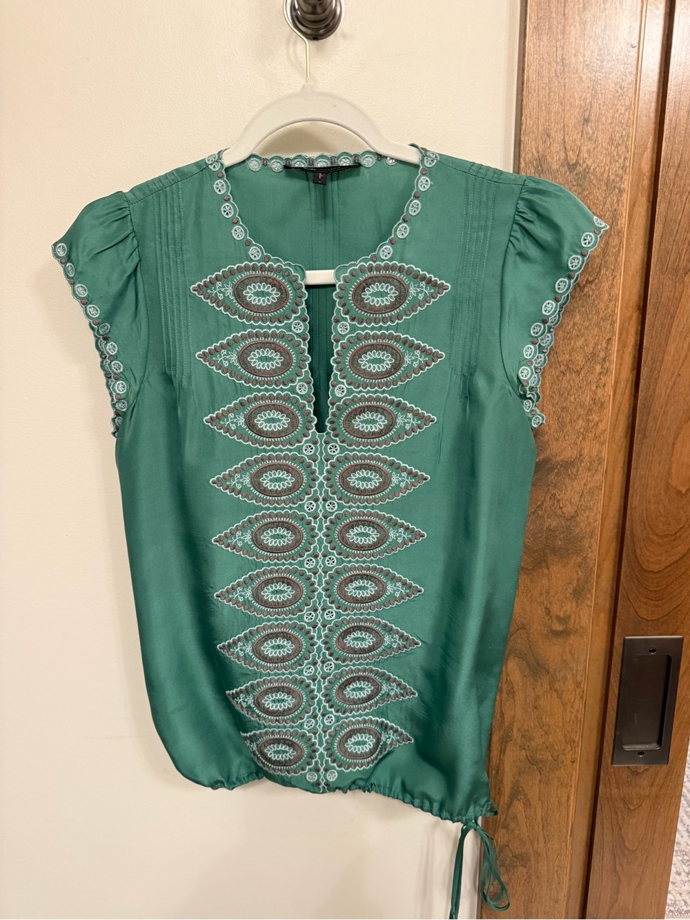 BCBG Teal Embroidered Short Sleeve Blouse